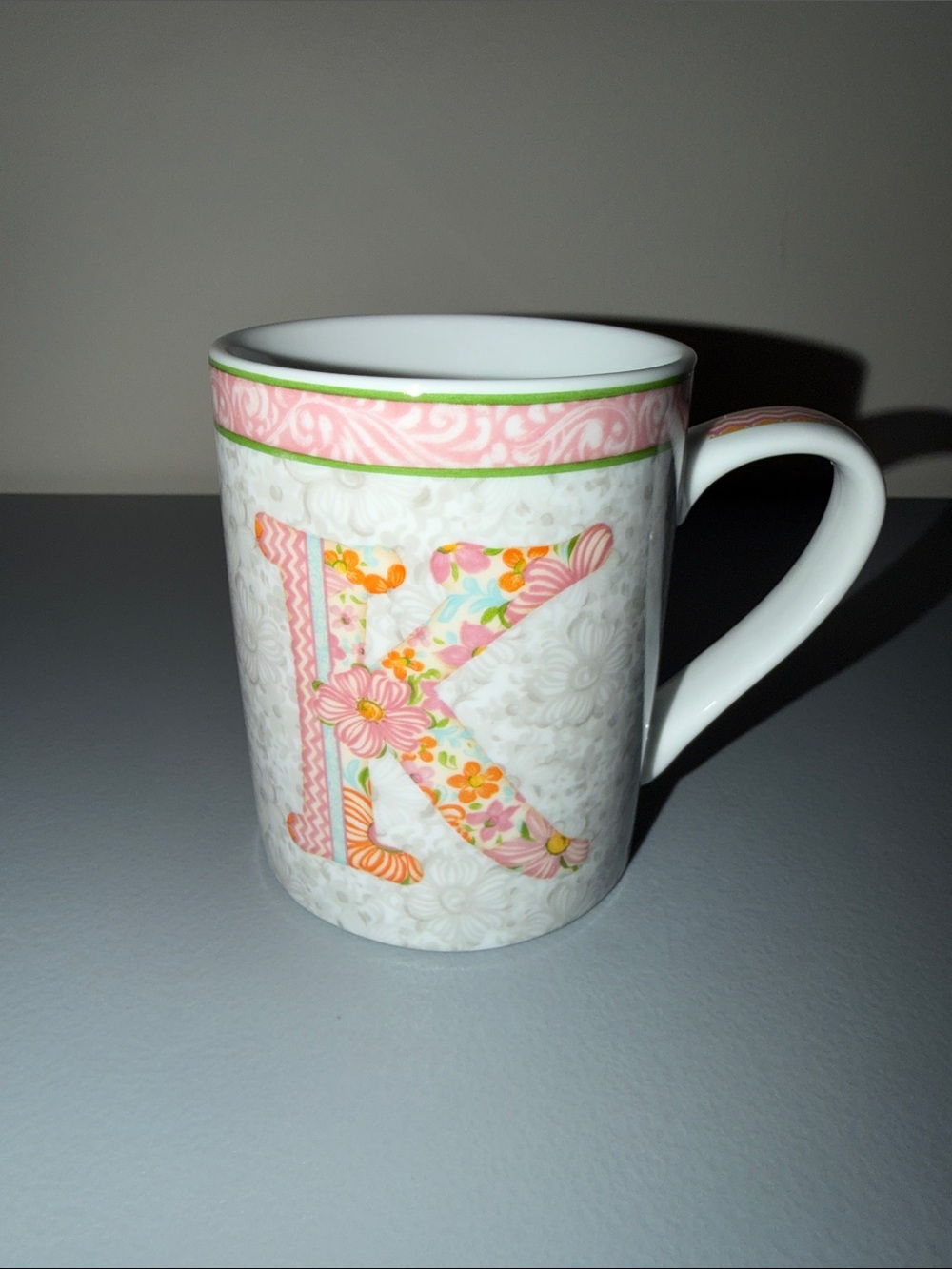 Floral Monogram 'K' Pink Accent Ceramic Mug